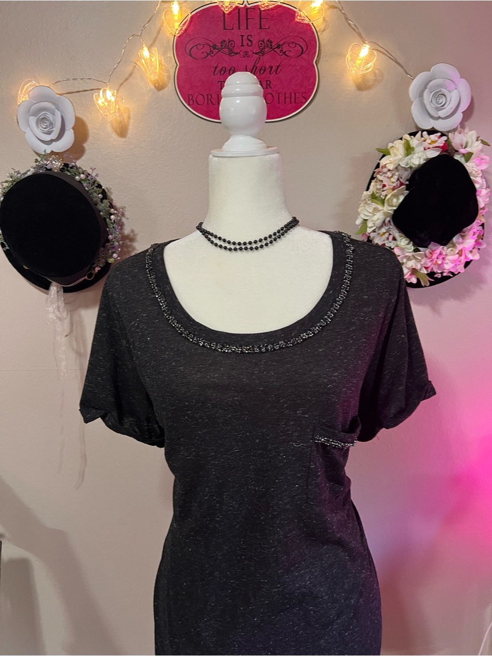 Torrid Women's Black Scoop Neck Short Sleeve Top with Beaded Trim